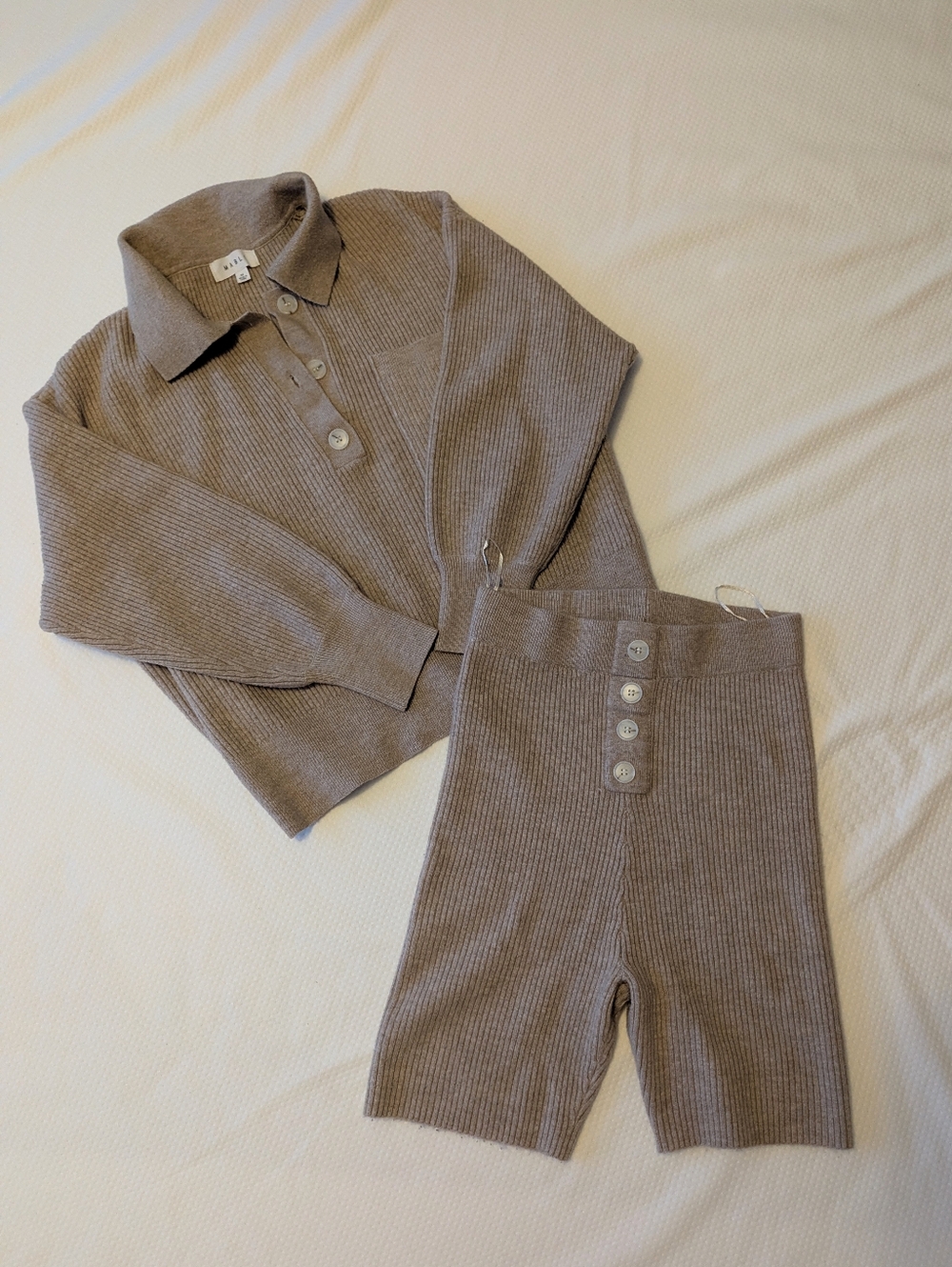 Knit Polo Sweater & Button-Front Ribbed Lounge Set — Taupe
